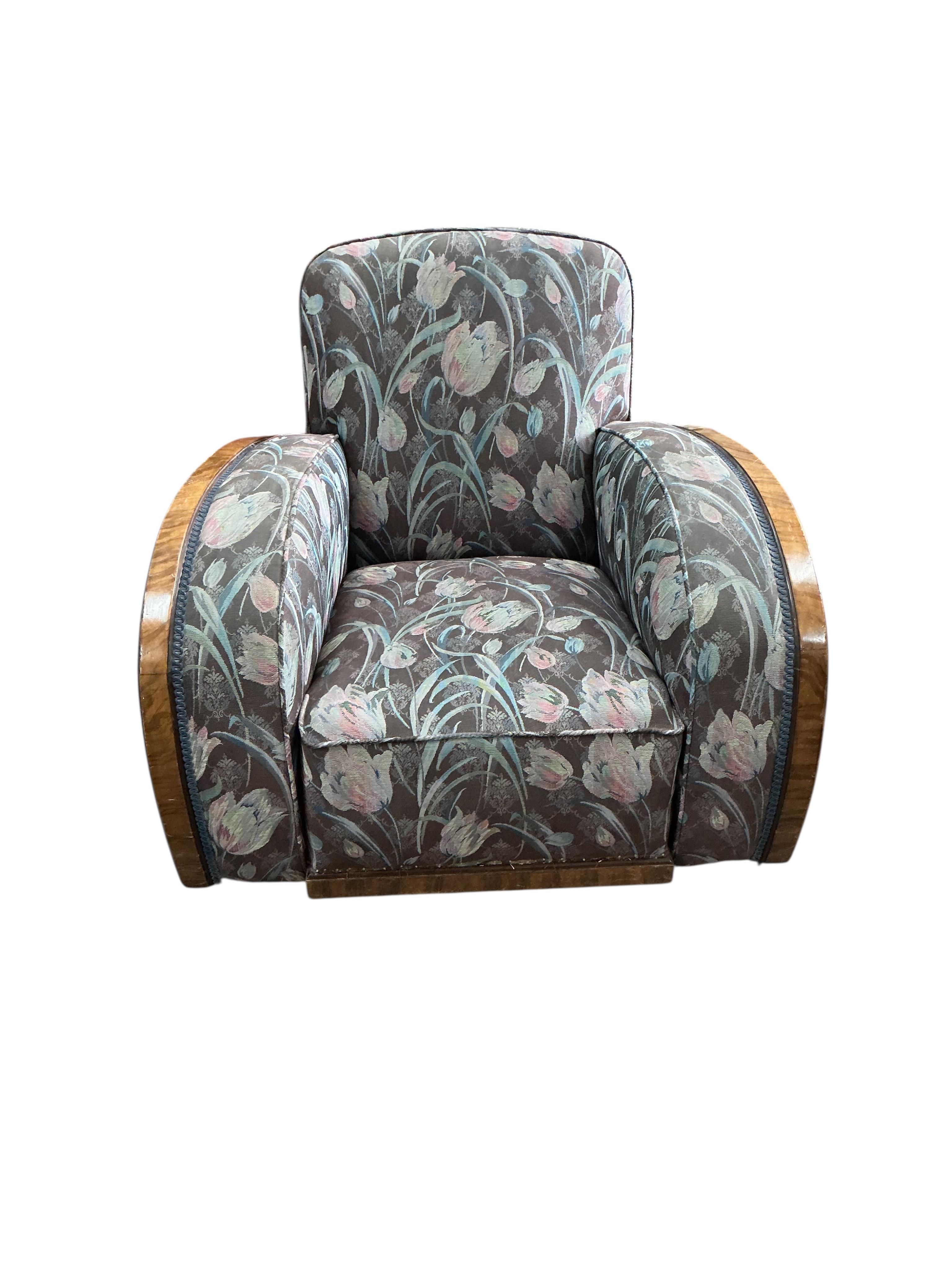 An Art Deco walnut and simulated walnut armchair, width 87cm, depth 82cm, height 78cm
